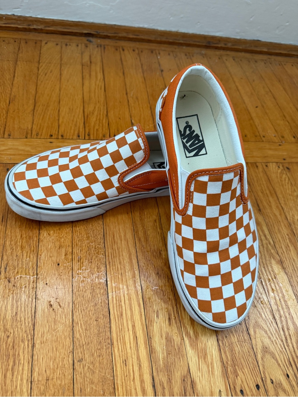 Vans Womens Orange & White Checkerboard Slip-On Sneakers